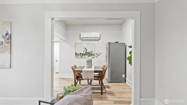 a workspace with furniture and a window