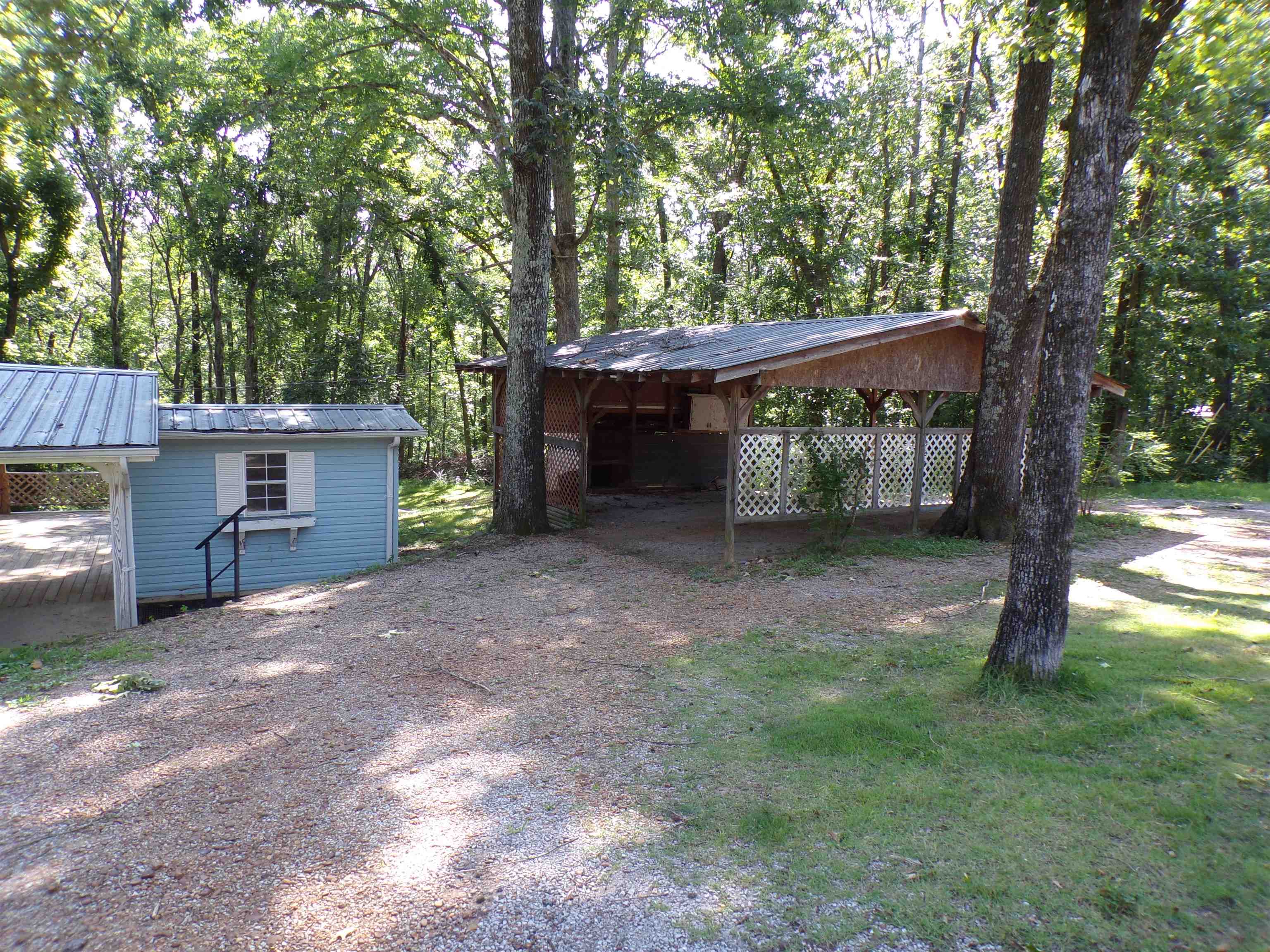 35 Cr 341 Road Iuka, MS 38852 - Photo 4 of 15 Gravel driveway with tree-shaded covered structure, blue siding shed with white trim window, and carport