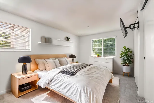 a bed room with a bed and a potted plant