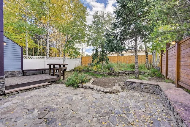 a view of a backyard with plants and tree