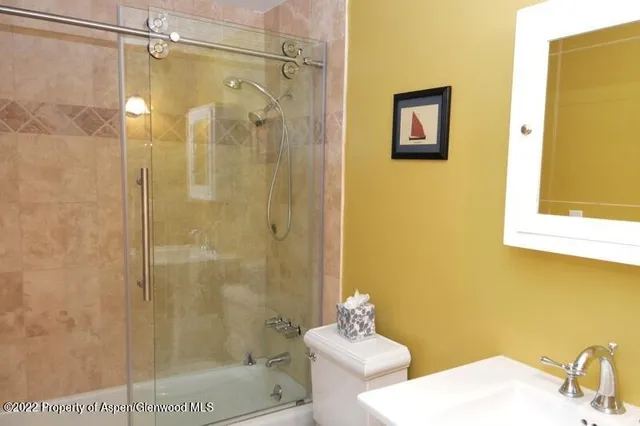 a bathroom with a shower and a toilet