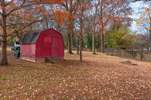 a view of backyard with wooden fence and large trees