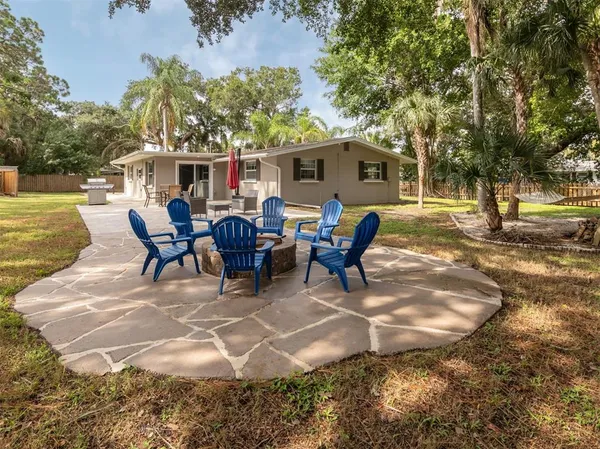 a view of a house with swimming pool and sitting area