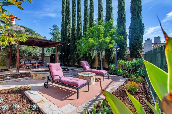 a view of a backyard with sitting area