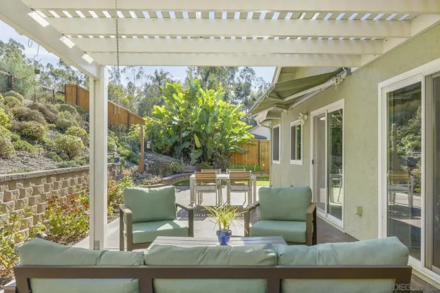 a balcony with furniture and garden view
