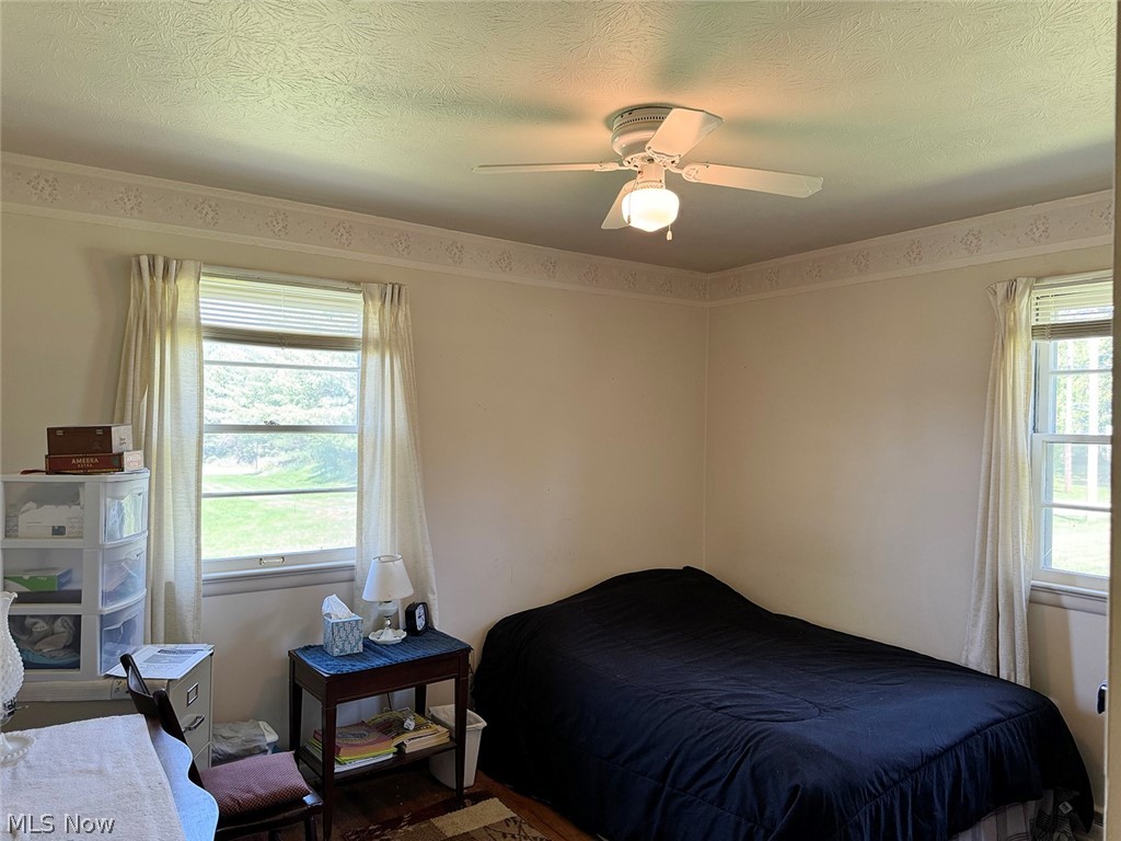5934 Ryan Road Medina, OH 44256 - Photo 15 of 24 Bedroom featuring ceiling fan, a textured ceiling, and multiple windows