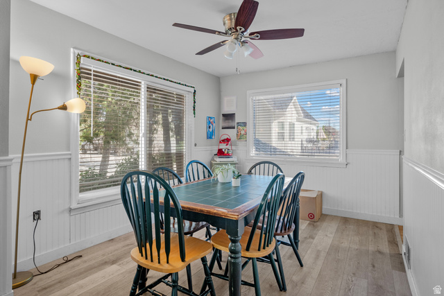 1275 North Geneva Road Provo, UT 84601 - Photo 4 of 25 Dining area featuring wood-finish flooring, white beadboard wainscoting, and large windows with blinds