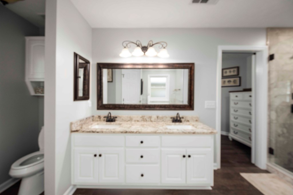 5017 Emerald Isle Court Columbus, GA 31909 - Photo 19 of 37 a bathroom with a granite countertop sink vanity mirror and toilet