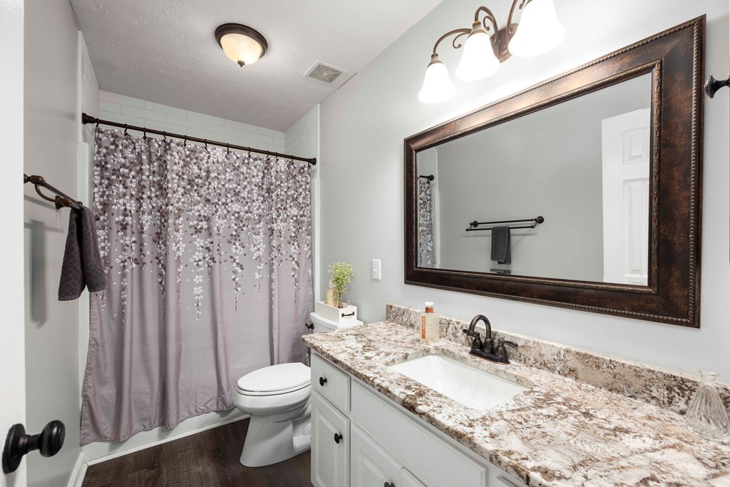 5017 Emerald Isle Court Columbus, GA 31909 - Photo 22 of 37 a bathroom with a granite countertop sink toilet mirror and shower