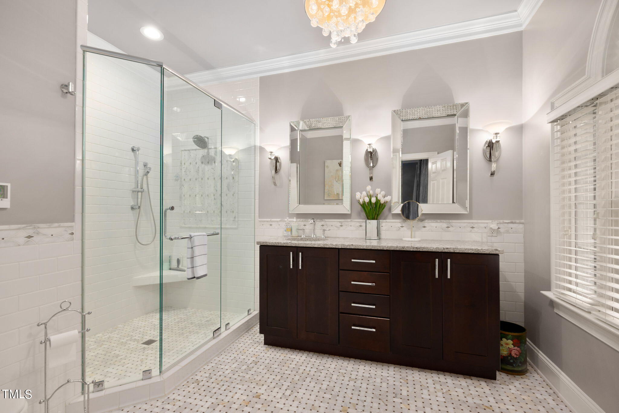 1625 Morning Mountain Road Raleigh, NC 27614 - Photo 20 of 50 a bathroom with a granite countertop sink a mirror and shower