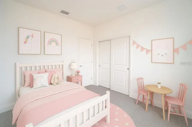 a bedroom with a bed a chair and a potted plant