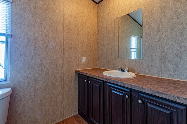 a bathroom with a granite countertop sink and mirror
