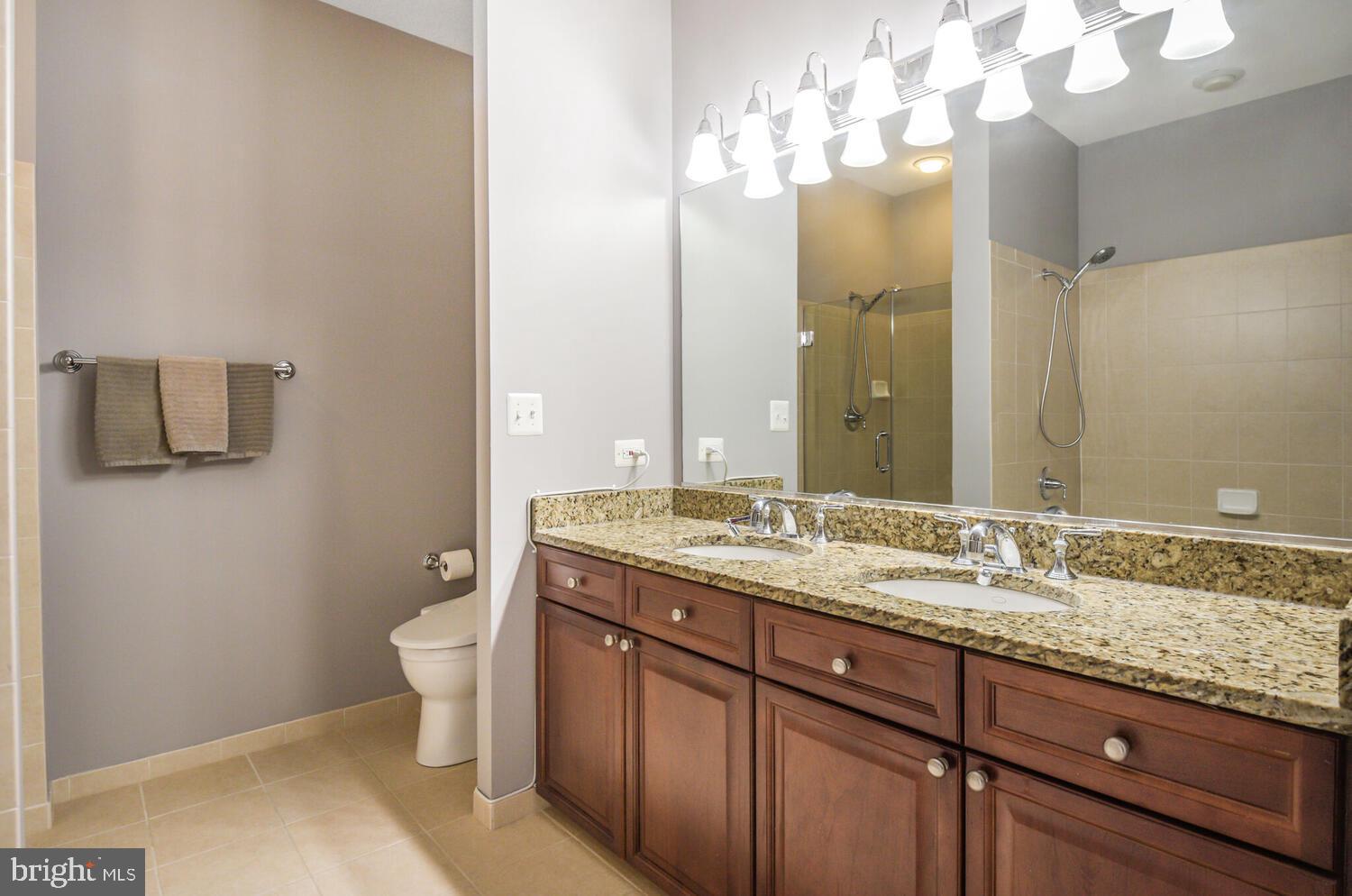 11700 Old Georgetown Road, Unit 1604 North Bethesda, MD 20852 - Photo 16 of 41 a bathroom with a granite countertop sink a toilet and a mirror