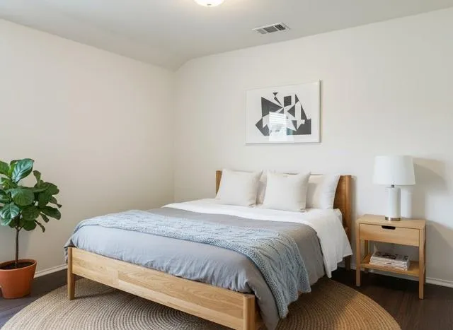 a bedroom with a bed and a potted plant