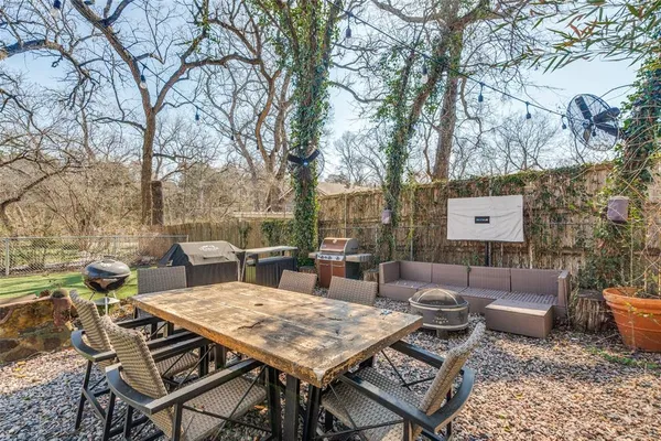 a view of a dinning table and chairs in patio of the house