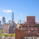a city view with tall buildings