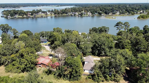 an aerial view of city and lake with trees all around