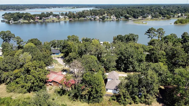 an aerial view of city and lake with trees all around