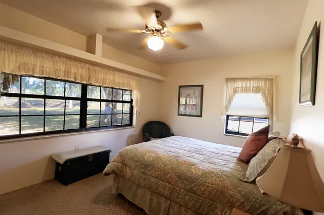 a spacious bedroom with a large bed and a chandelier
