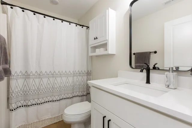 a bathroom with a sink a toilet and shower