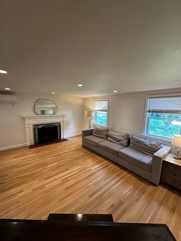 a view of living room with furniture and a fireplace