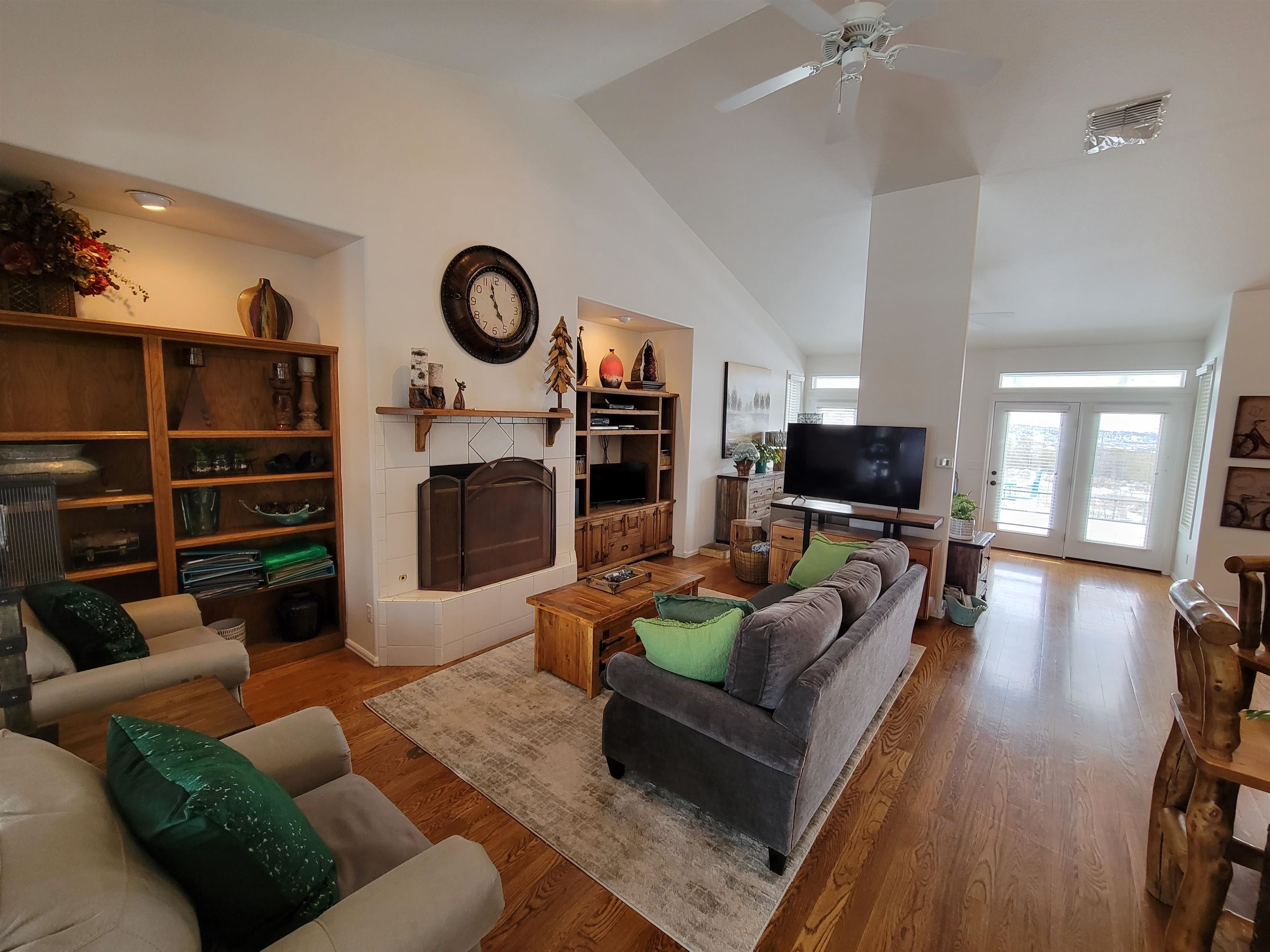 15753 Heavens View Road Cedaredge, CO 81413 - Photo 2 of 33 a living room with furniture a rug a fireplace and a flat screen tv