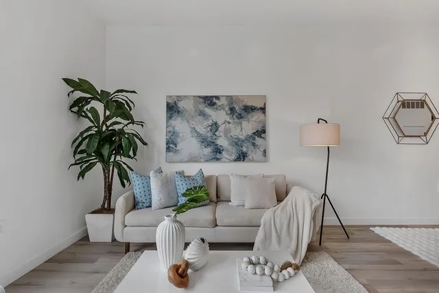 a living room with furniture and a potted plant