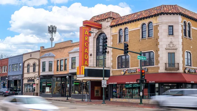 a front view of a building with a street