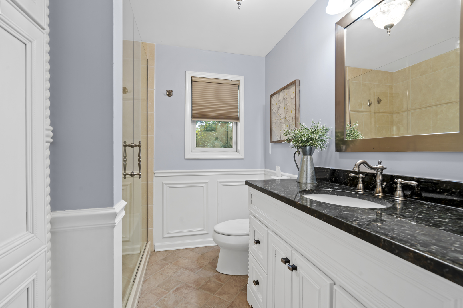 1713 East Thomas Road Wheaton, IL 60187 - Photo 28 of 55 a bathroom with a granite countertop sink a toilet and a mirror