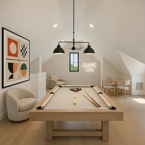 a room with table chairs and couches