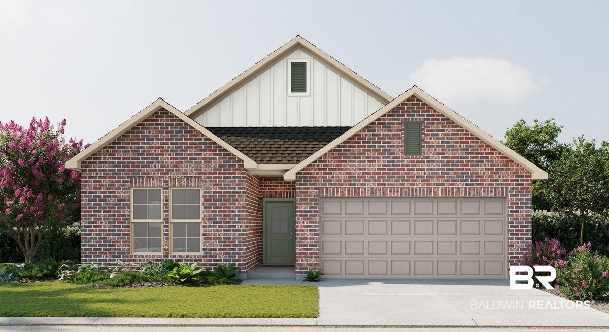 21092 Explorer Drive Robertsdale, AL 36567 - Photo 2 of 3 View of front of house with board and batten siding, brick siding, concrete driveway, a garage, and a front yard