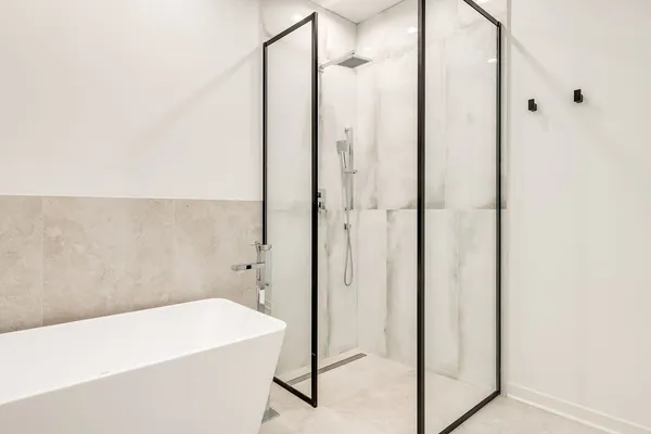 a bathroom with a bathtub and a shower