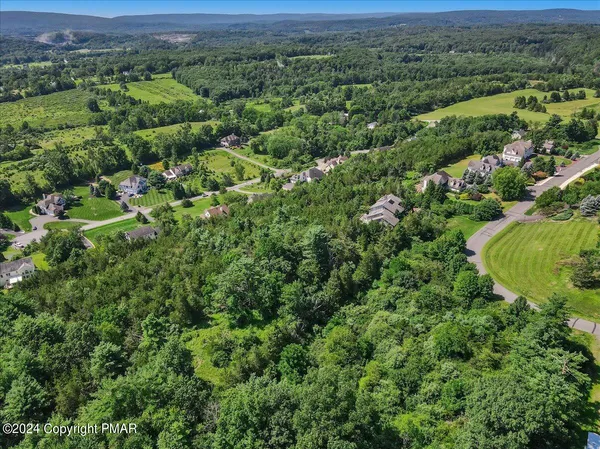 an aerial view of a residential houses with outdoor space and trees