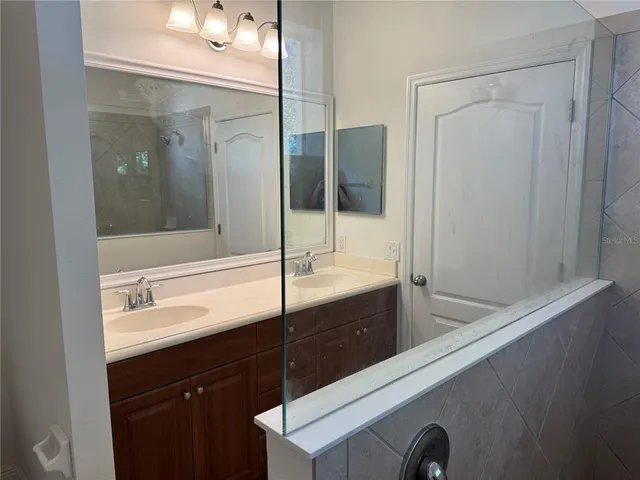 a bathroom with a sink and a mirror