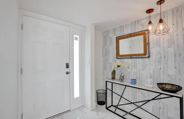 a view of a dining room with furniture