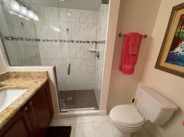 a bathroom with a granite countertop sink a toilet a shower and a mirror