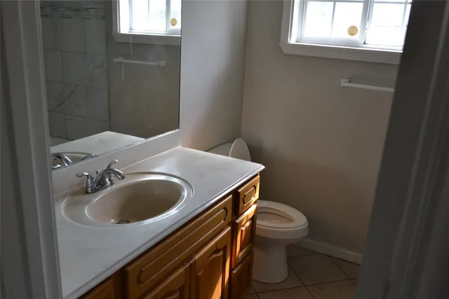 a bathroom with a sink a toilet and a mirror