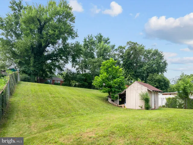a view of a tiny house with a yard and large trees