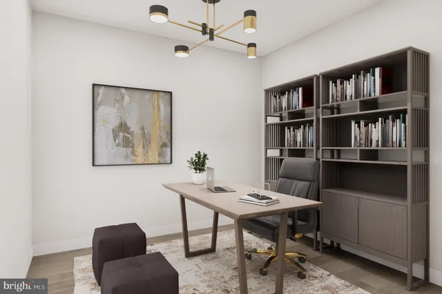 a workspace with a bookshelf