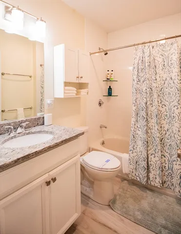 a bathroom with a granite countertop sink a toilet and a shower