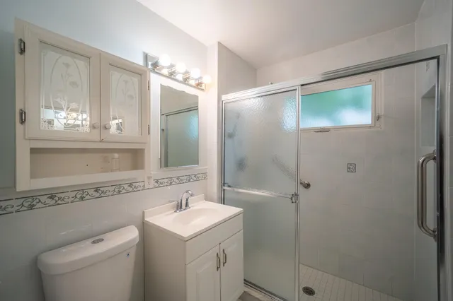 a bathroom with a shower a sink and a mirror