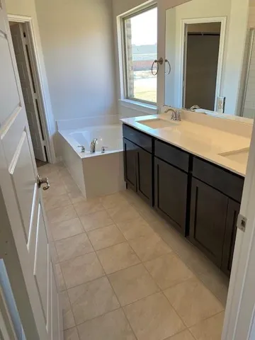 a bathroom with a tub sink and mirror