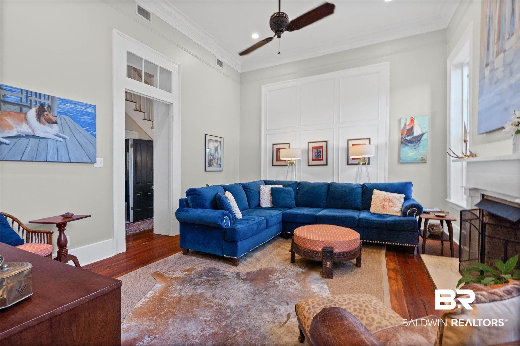 259 North Jackson Street Mobile, AL 36603 - Photo 8 of 42 Living room with wood-type flooring, ornamental molding, a fireplace, ceiling fan, and recessed lighting