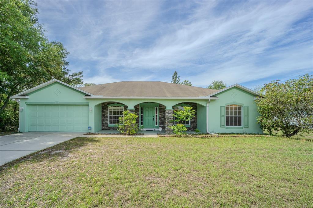 a front view of house with yard and green space