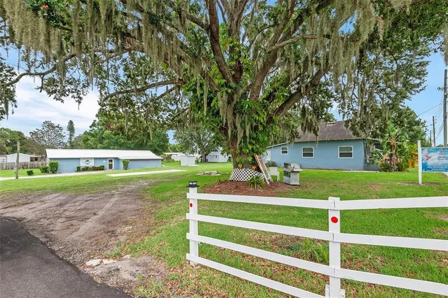 a view of a house with a yard table and a large tree