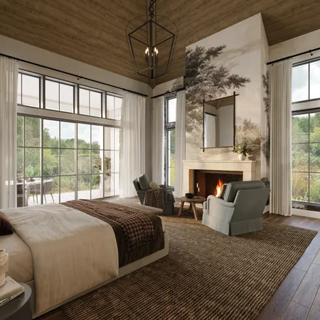 a spacious bedroom with a large bed and a chandelier