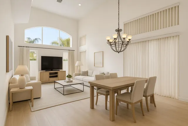 a living room with furniture a fireplace and a chandelier