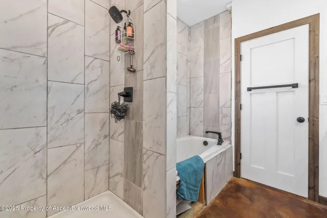 a bathroom with a shower and mirror