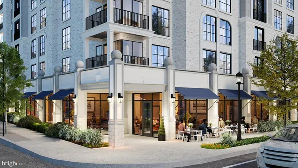 a front view of a building and a street