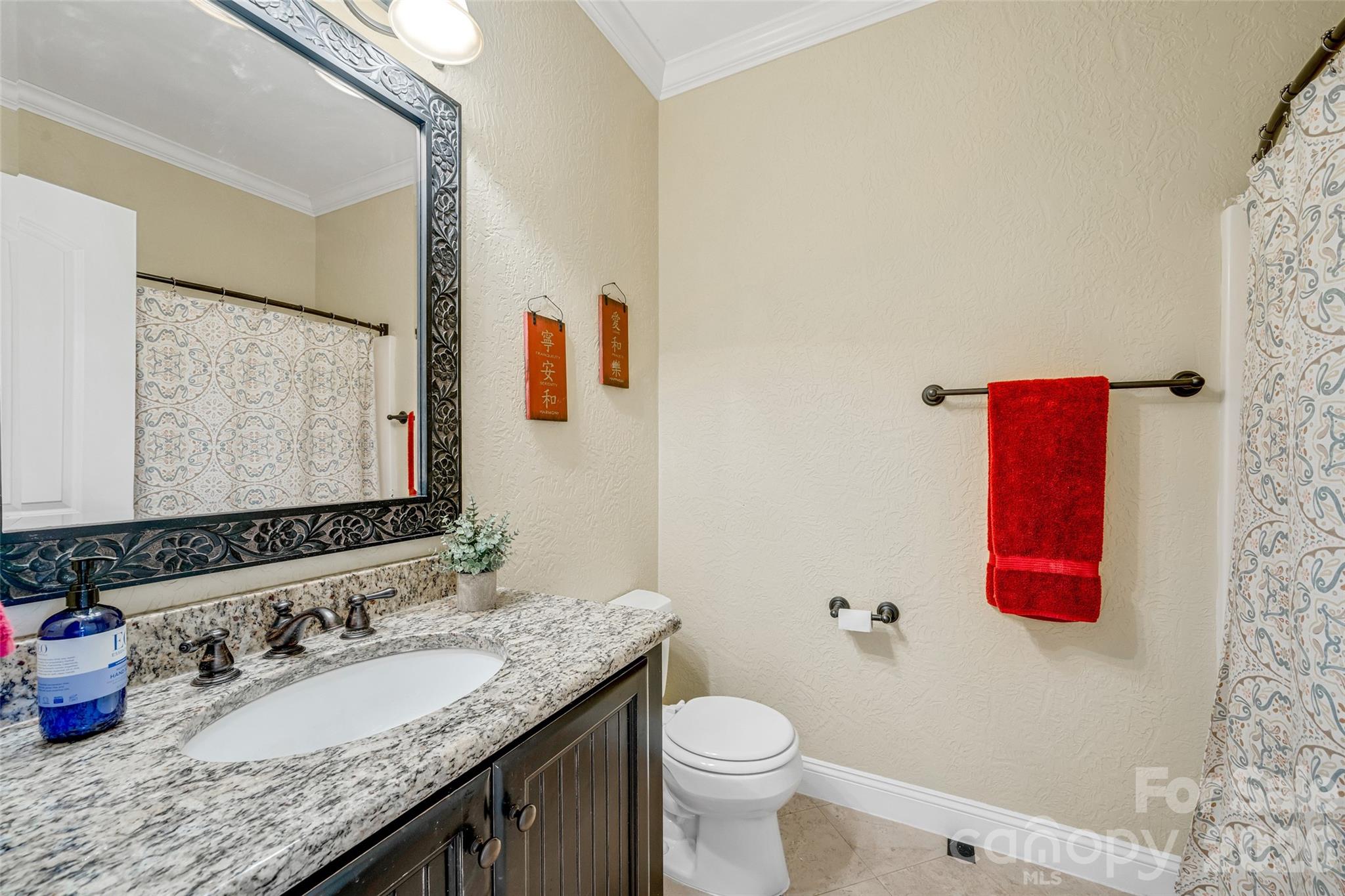 5873 Bakers Point Hickory, NC 28602 - Photo 24 of 48 a bathroom with a granite countertop sink a toilet and a mirror